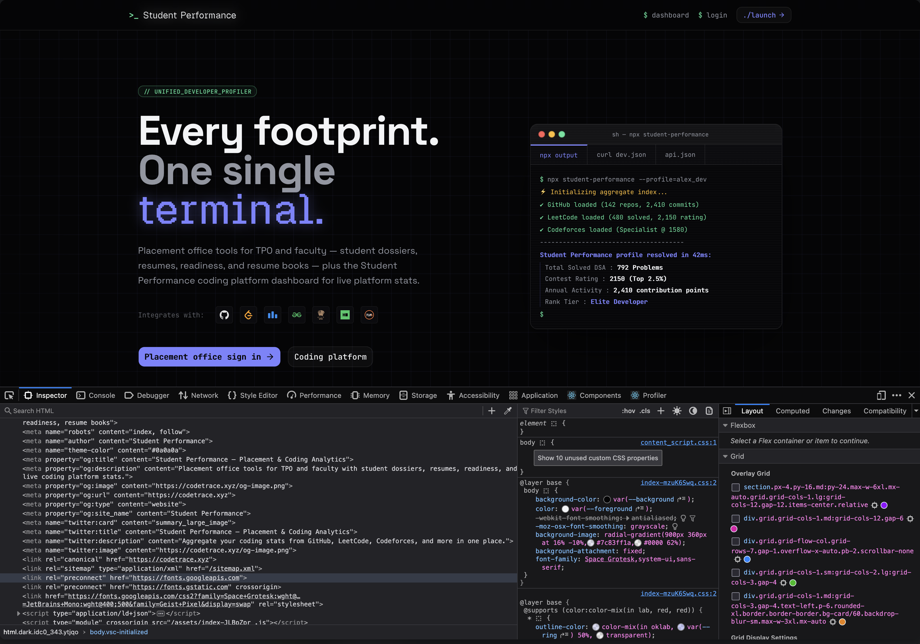 The copied site, with the same dark terminal aesthetic, npx demo pane and platform grid as CodeTrace, rebranded as Student Performance