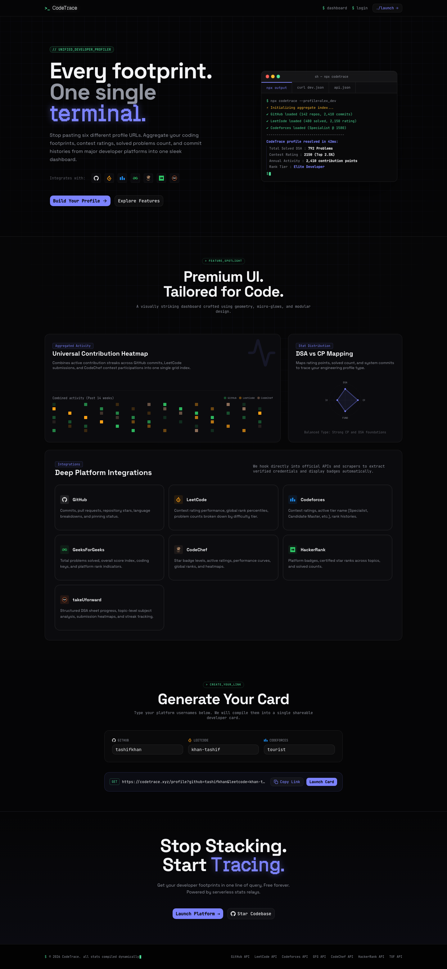 CodeTrace, the original dashboard I built, with its terminal-styled landing page, npx demo and platform grid