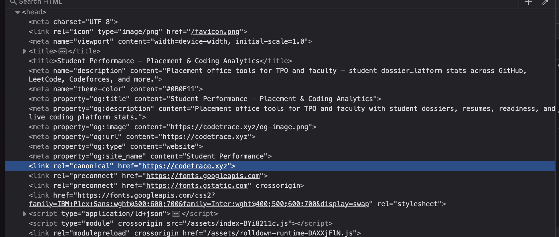 The copied site's head in DevTools, with og:image, og:url and the highlighted canonical link all pointing at codetrace.xyz, under an og:site_name of Student Performance