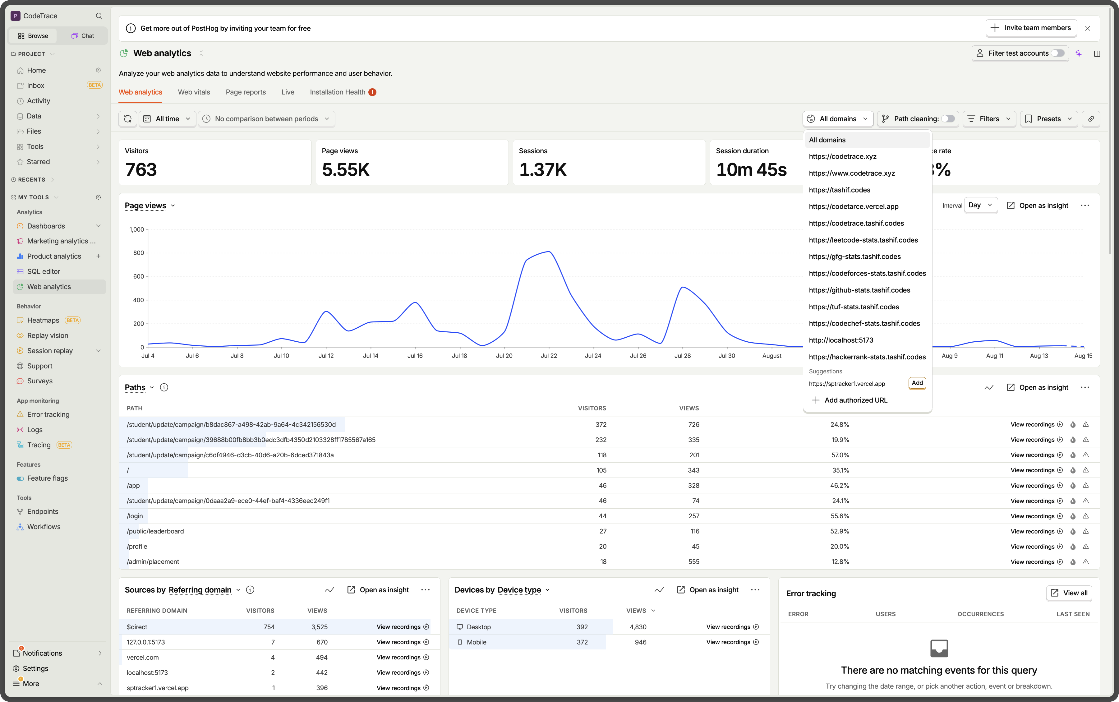 PostHog analytics showing the leaked traffic: student sessions from sptracker1.vercel.app reporting into my project