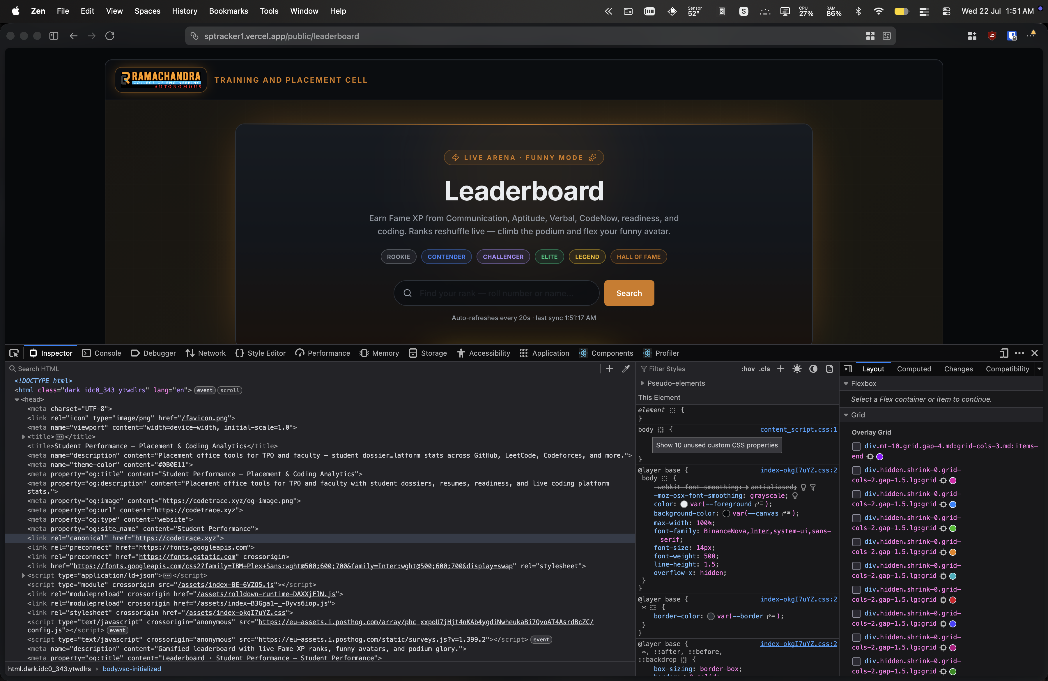 DevTools on the copied site's leaderboard, showing the PostHog script tag loading my project key from eu-assets.i.posthog.com, with the canonical codetrace.xyz link visible above it